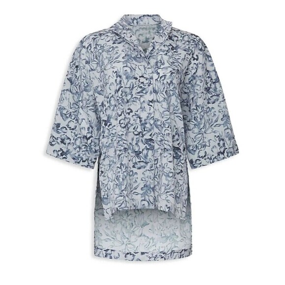 Victor Alfaro Blouse Top Collared Short Sleeve High low Shirt Gray M Floral - Picture 2 of 10